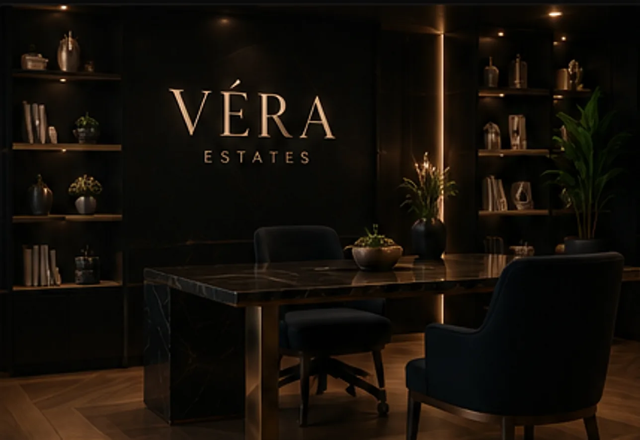 The VÉRA Estates private advisory office, with the wordmark on a dark stone wall behind a marble consultation table.