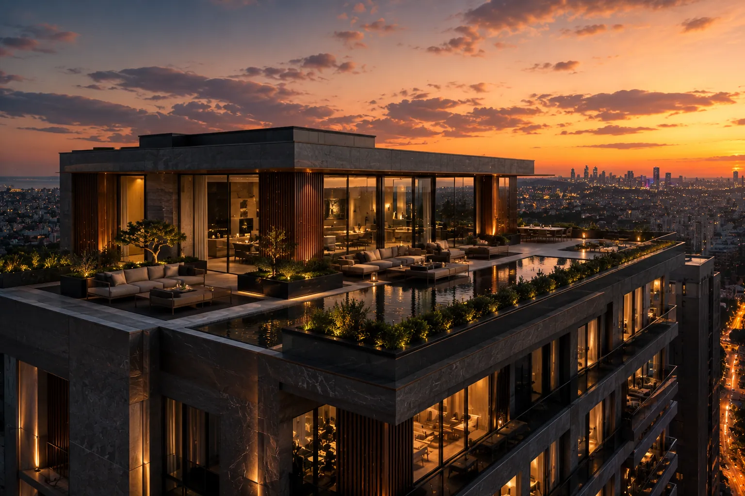 The Meridian Penthouse at sunset, a rooftop residence with reflecting pool and terrace above the Istanbul skyline.