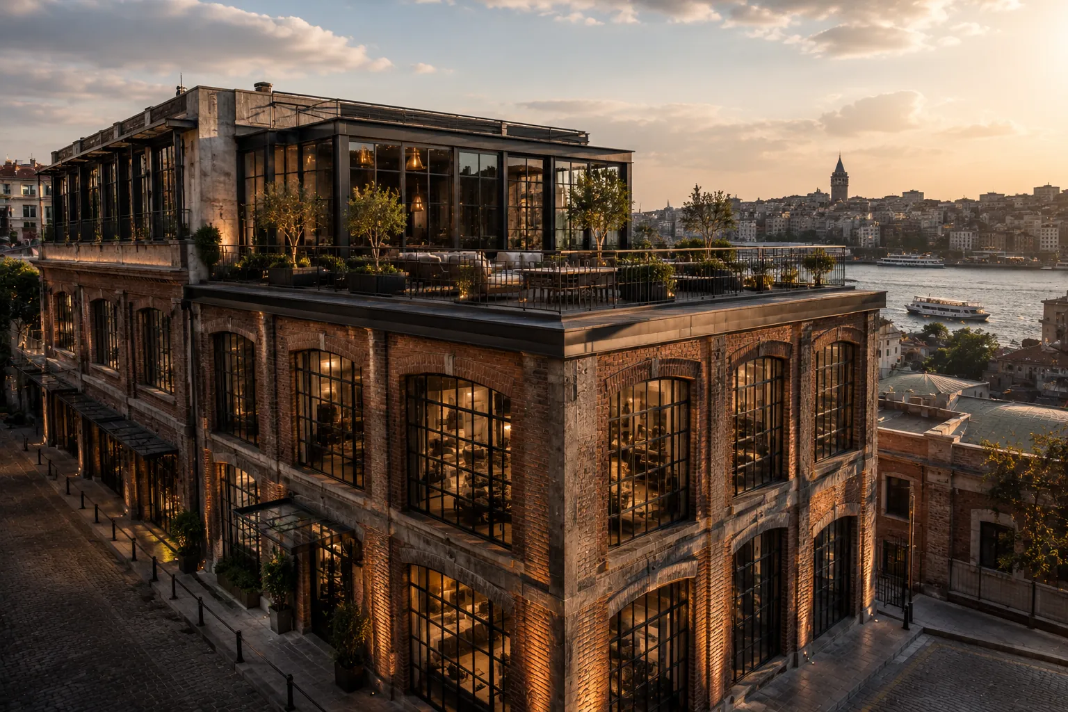 The Golden Horn Loft at golden hour, a restored brick warehouse with a glazed upper level and rooftop terrace above the water.