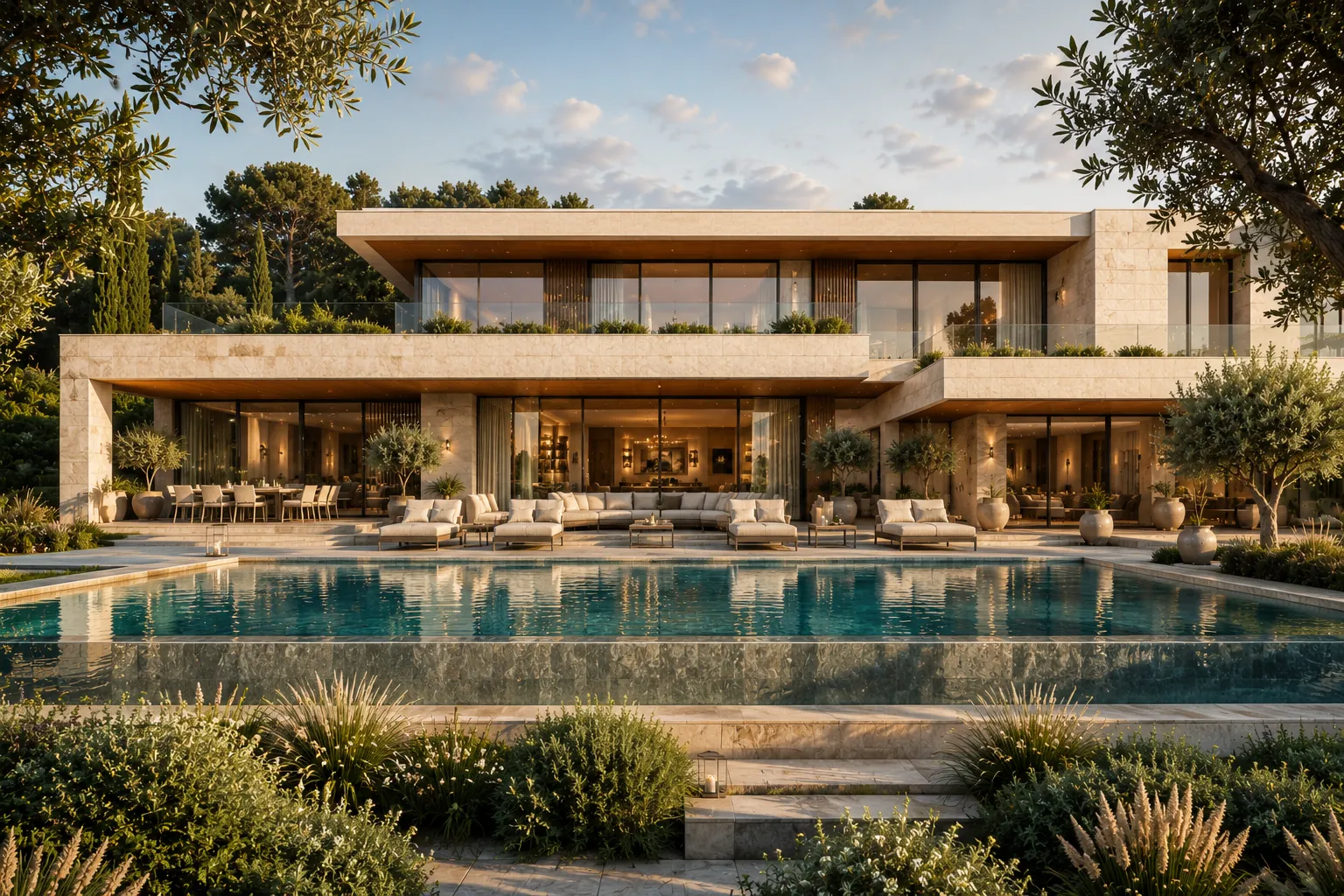 Symmetrical view across Villa Aurelia's infinity pool toward the villa, outdoor lounges and landscaped gardens.
