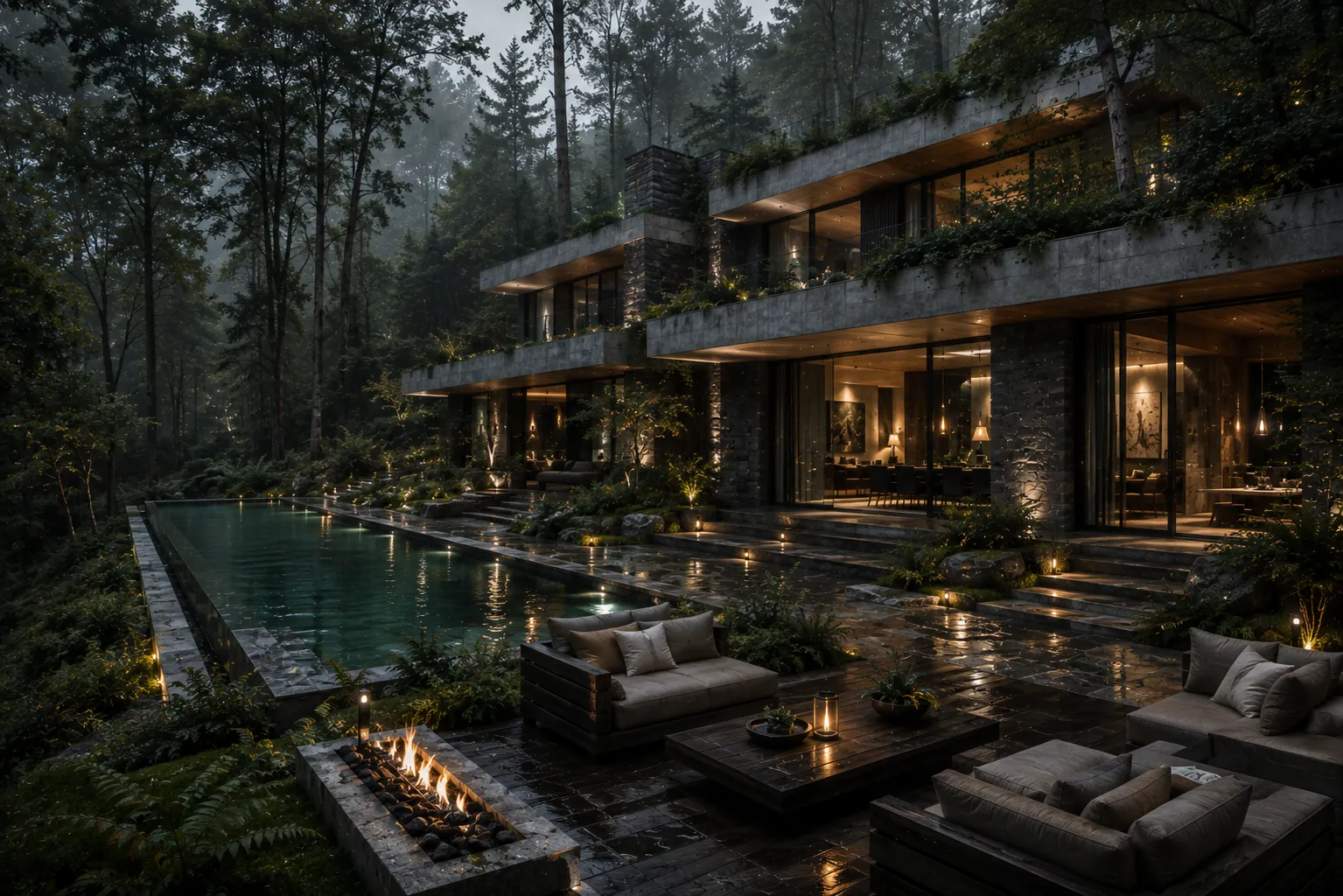 Forest terrace with wet stone paving, fire feature, lounge seating and the infinity pool reflecting the woodland.