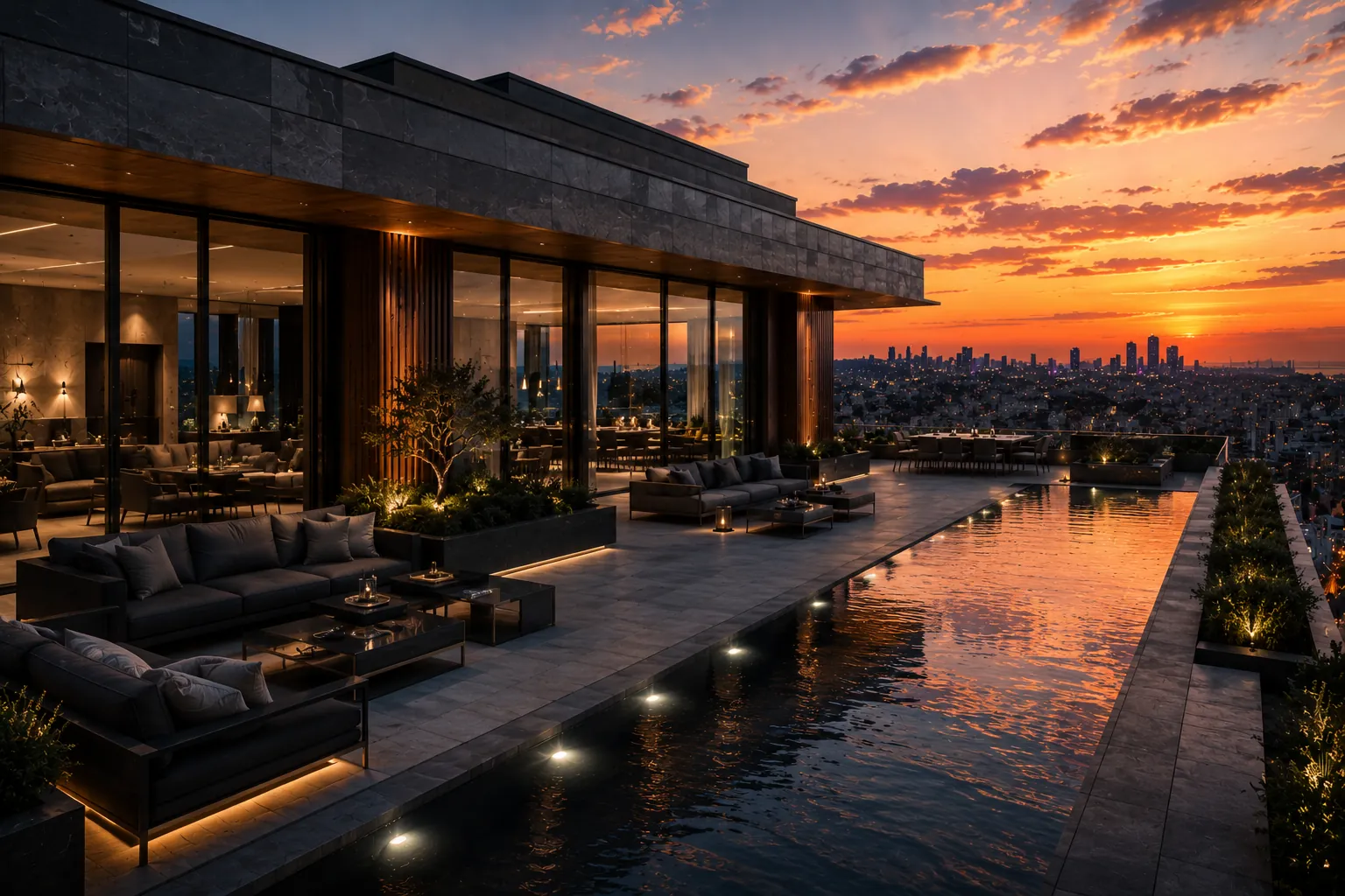 Private rooftop terrace with a long reflecting pool, lounge seating and a panoramic sunset over the city.