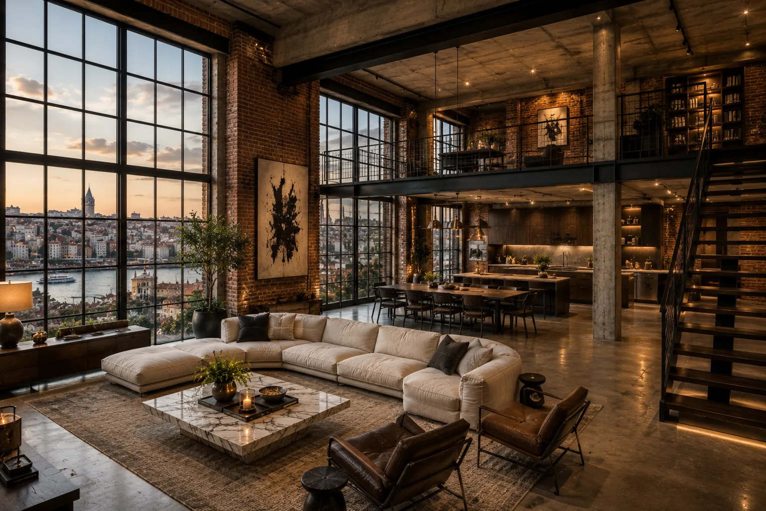 Double-height loft interior with exposed brick, steel mezzanine, factory windows and skyline views over the Golden Horn.