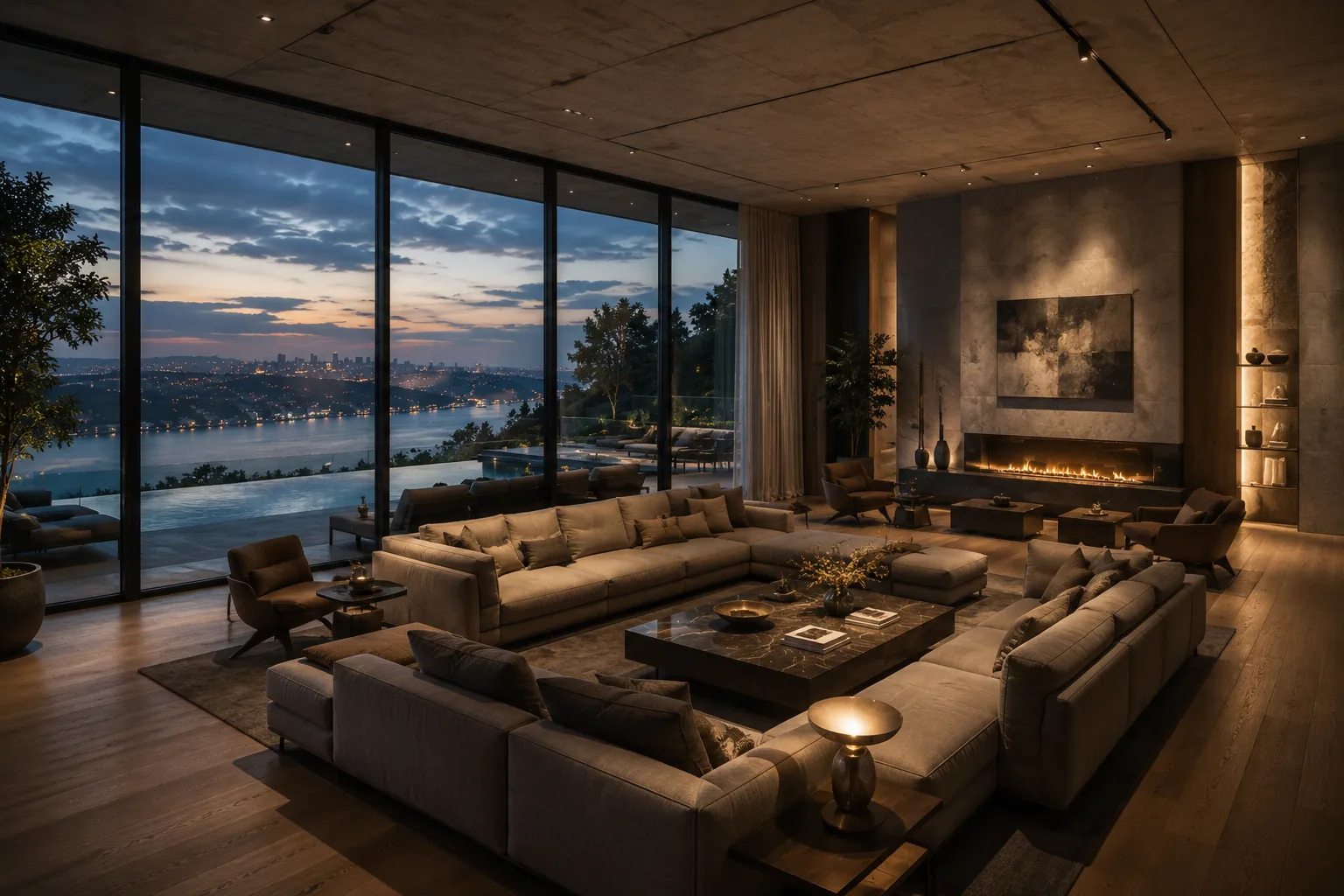 Living room with oak floors, a stone fireplace wall and floor-to-ceiling glazing framing the Bosphorus at blue hour.