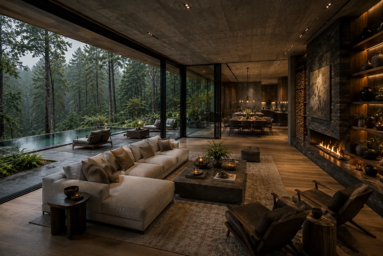 Open-plan living space in concrete and timber with a stone fireplace and full-height glazing onto the forest.