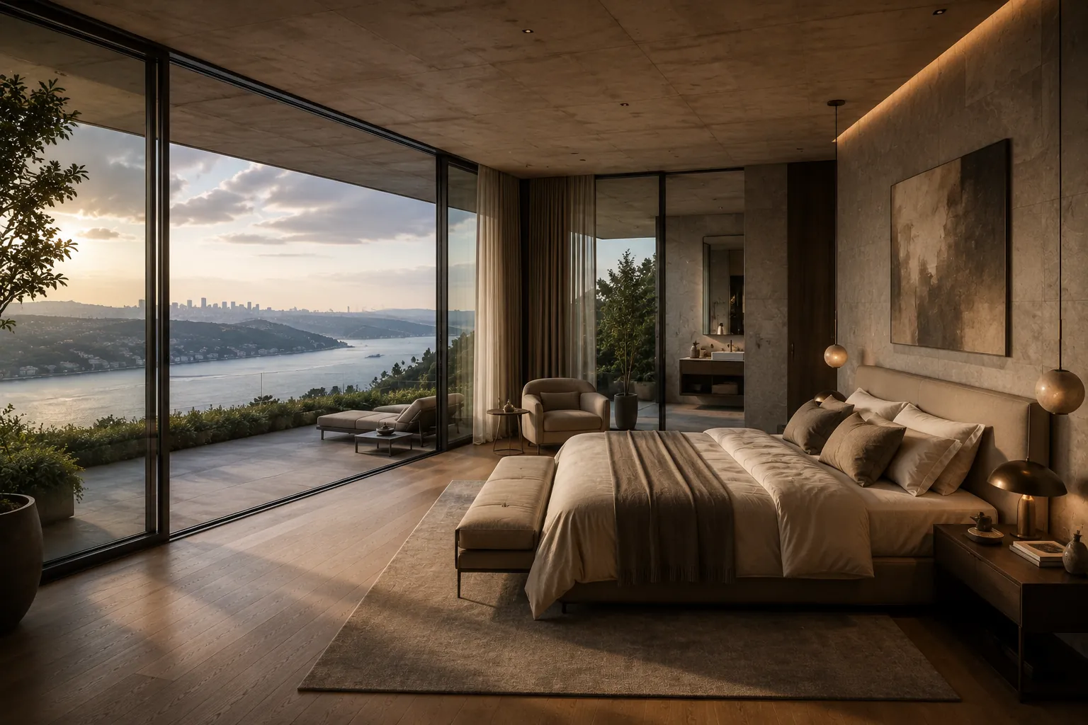 Master suite with warm neutral textiles, textured stone walls and a private terrace overlooking the Bosphorus.