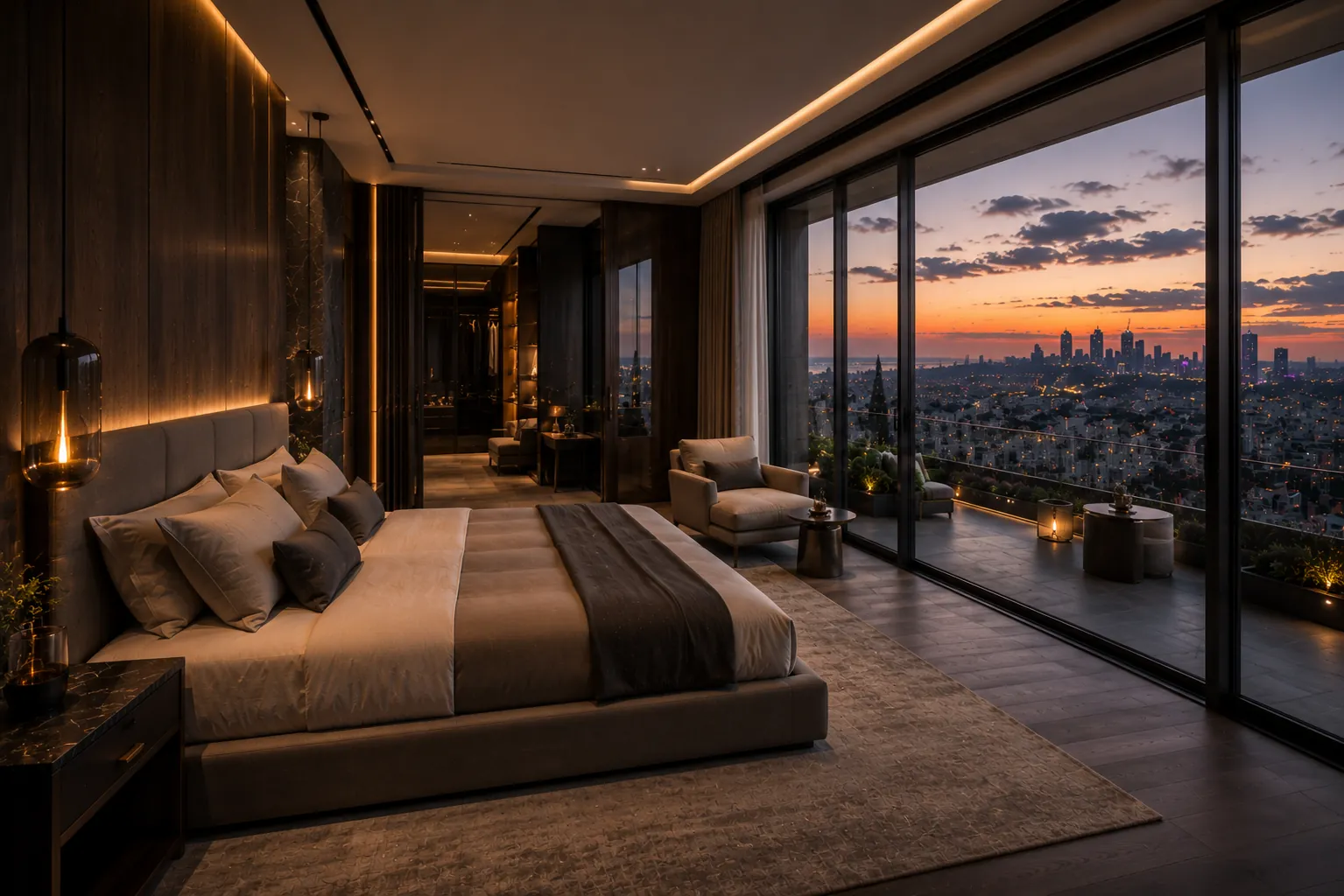 Master bedroom in dark walnut and stone with warm textiles and a skyline-facing private terrace.
