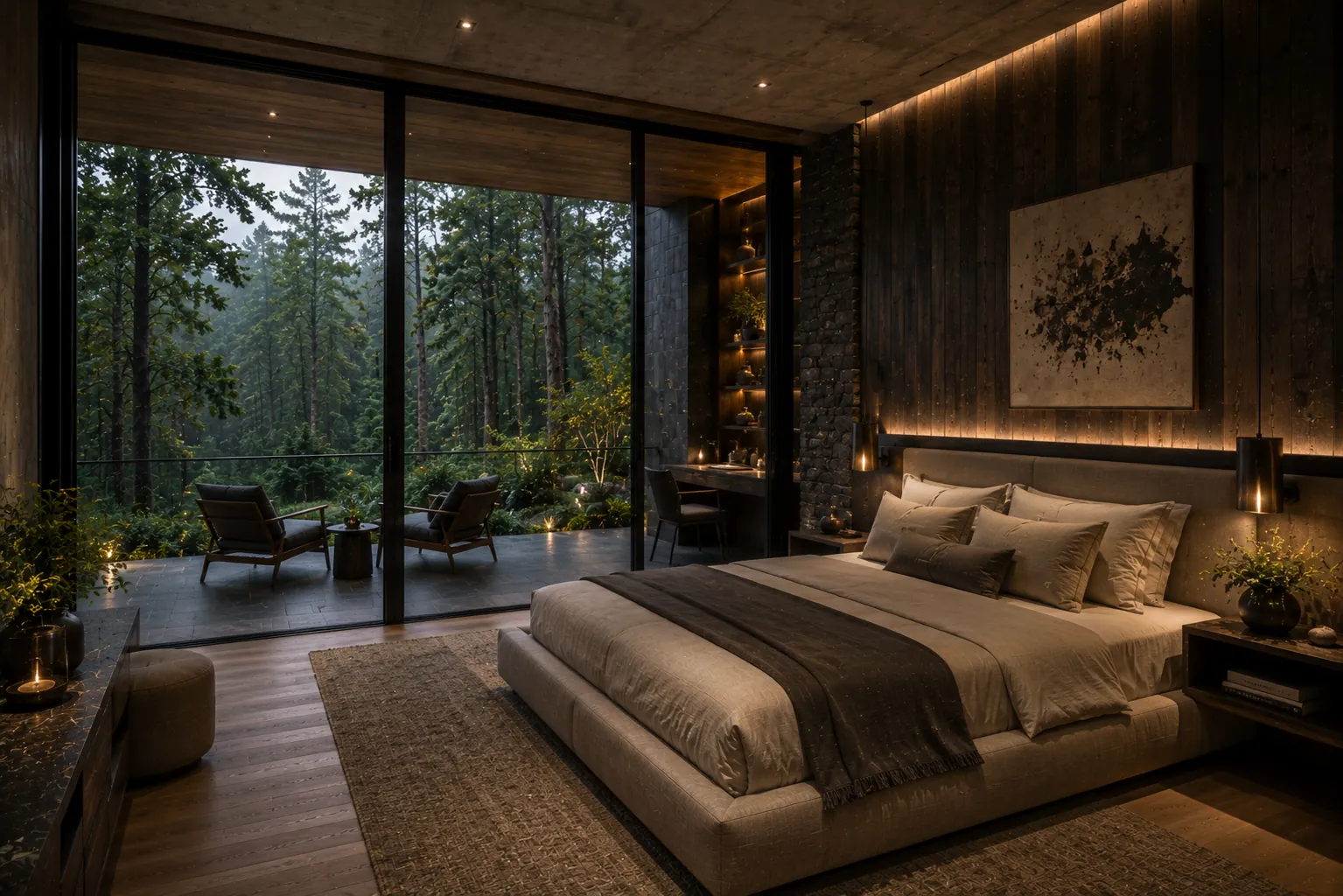 Forest-facing master bedroom with dark timber panelling, natural linens and a private covered terrace.