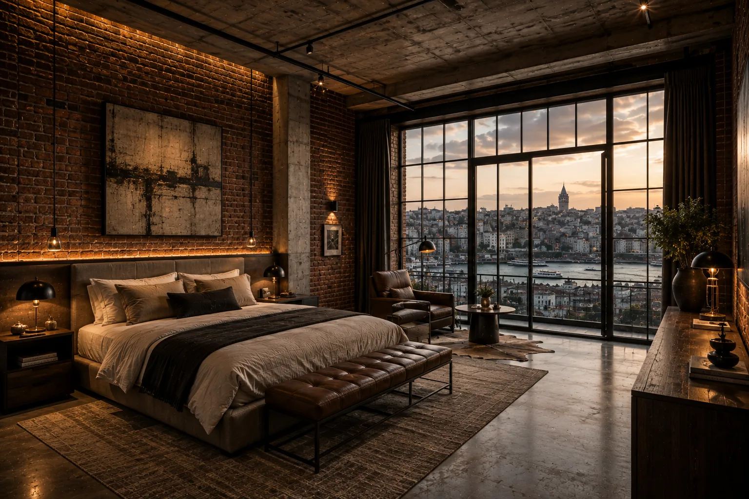 Master bedroom with an exposed brick feature wall, leather furniture and oversized industrial windows over the water.