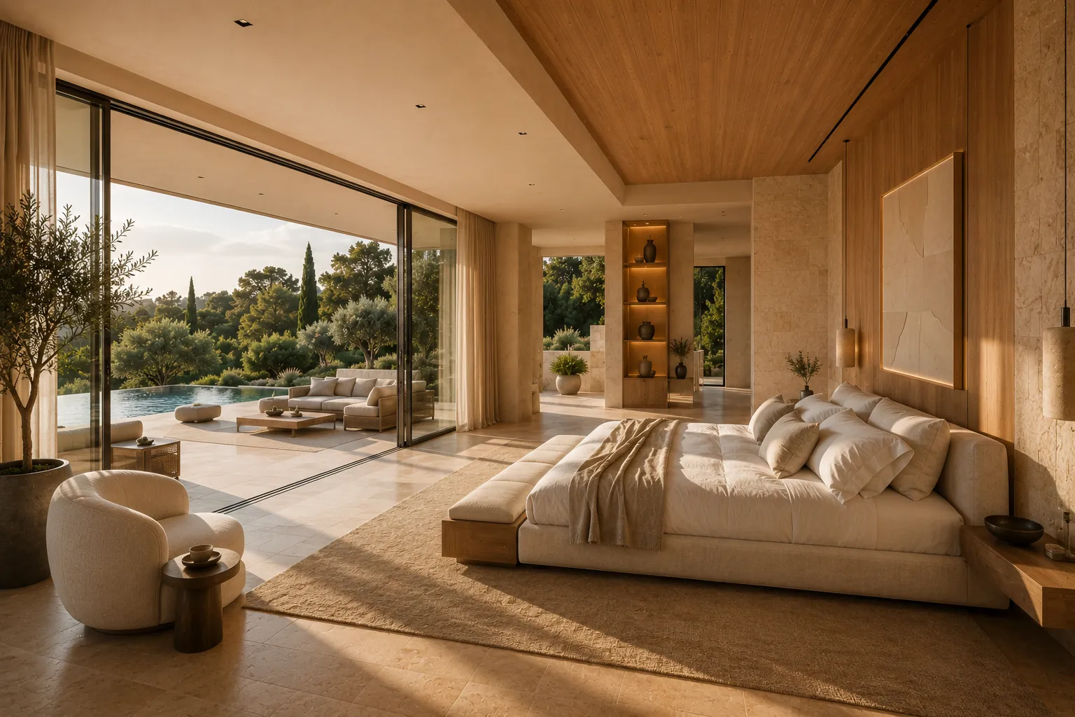 Resort-style master suite with oak ceiling detailing, limestone walls, neutral linen and a private garden terrace.