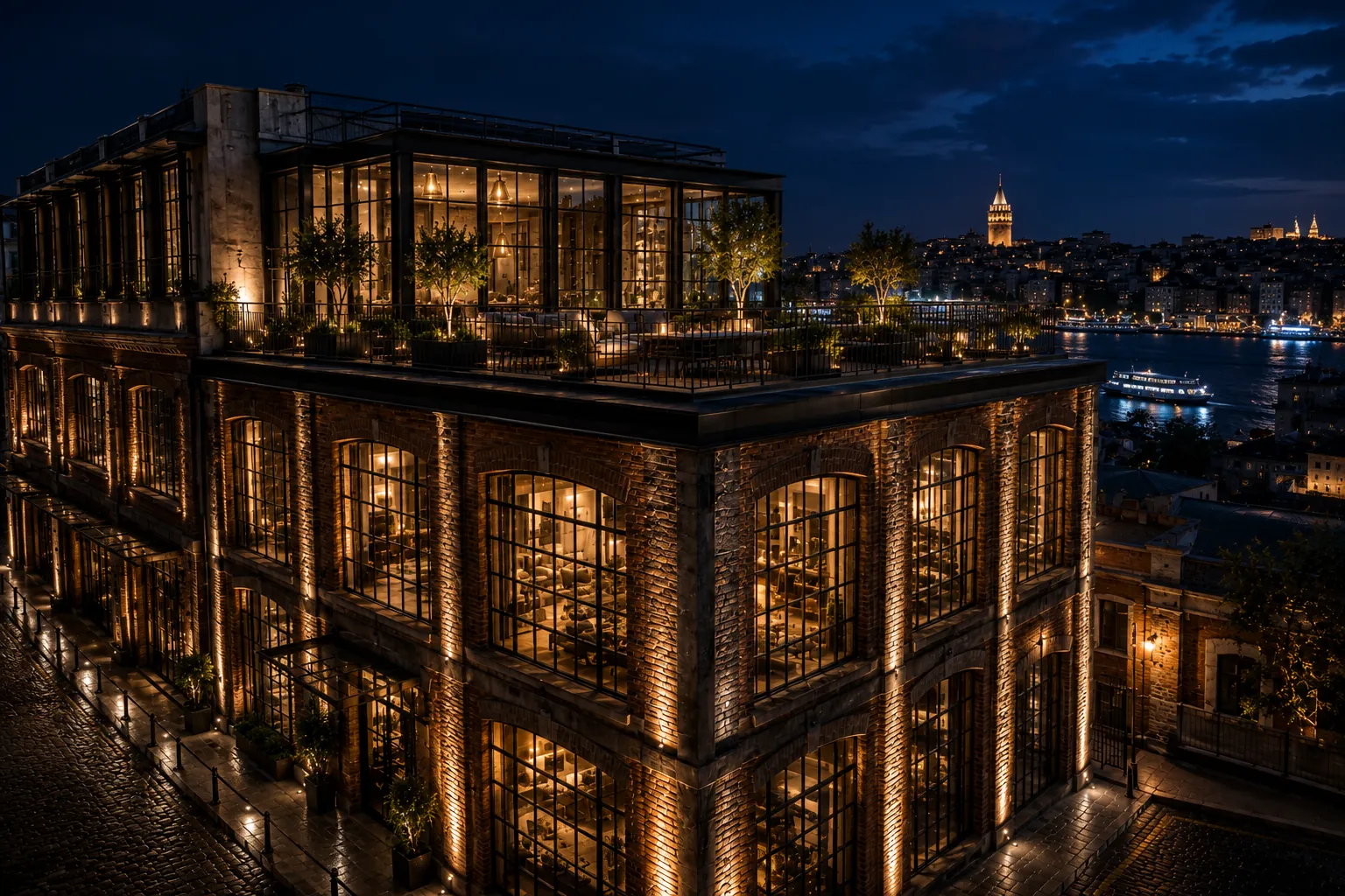 The restored brick façade illuminated at blue hour with the rooftop terrace lit and the city beyond.