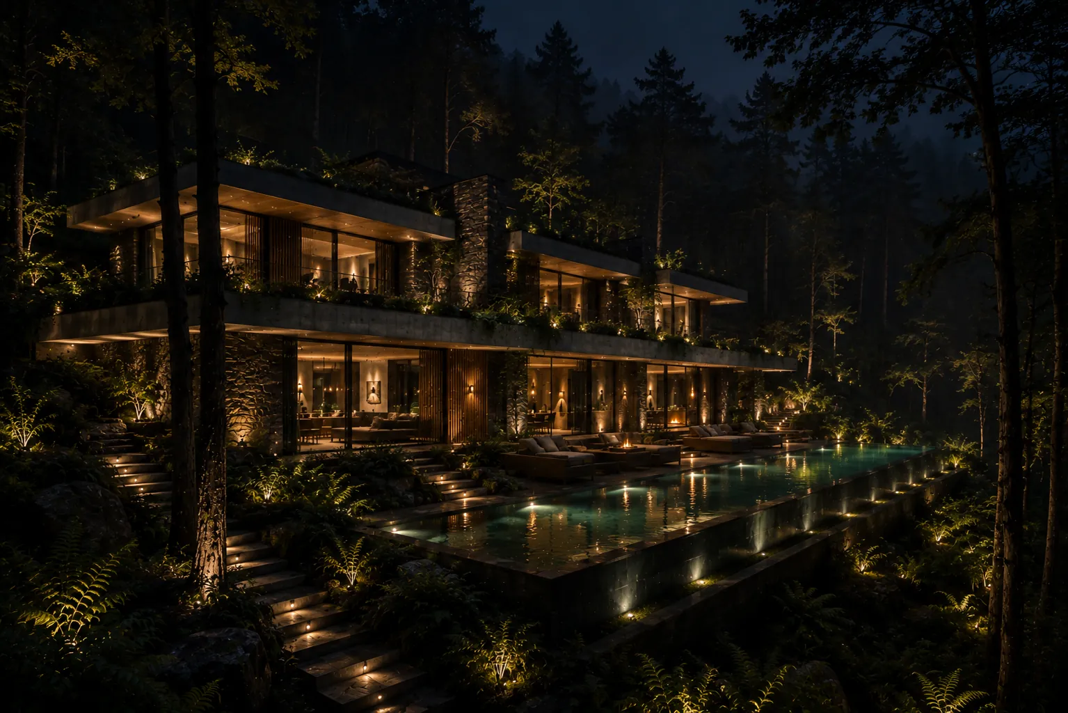 Casa Verde at night, warm architectural lighting glowing through the trees above the reflective pool.