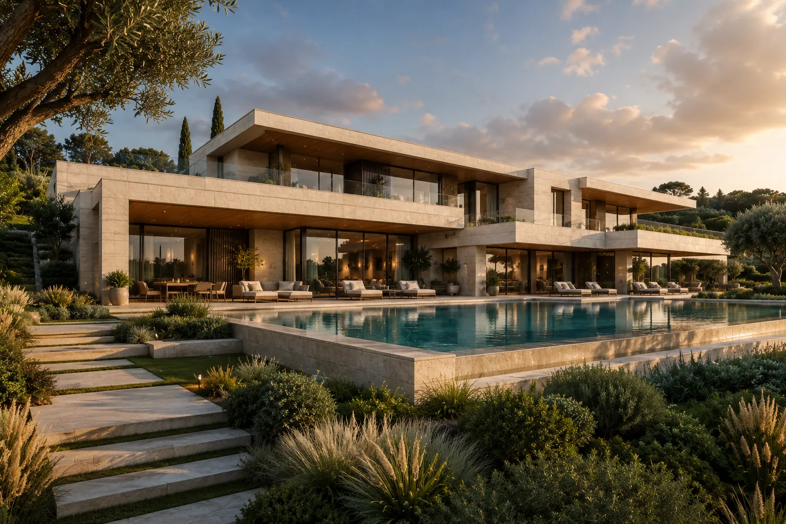 Villa Aurelia at golden hour, a limestone villa with deep terraces beside a long rectangular pool and Mediterranean planting.
