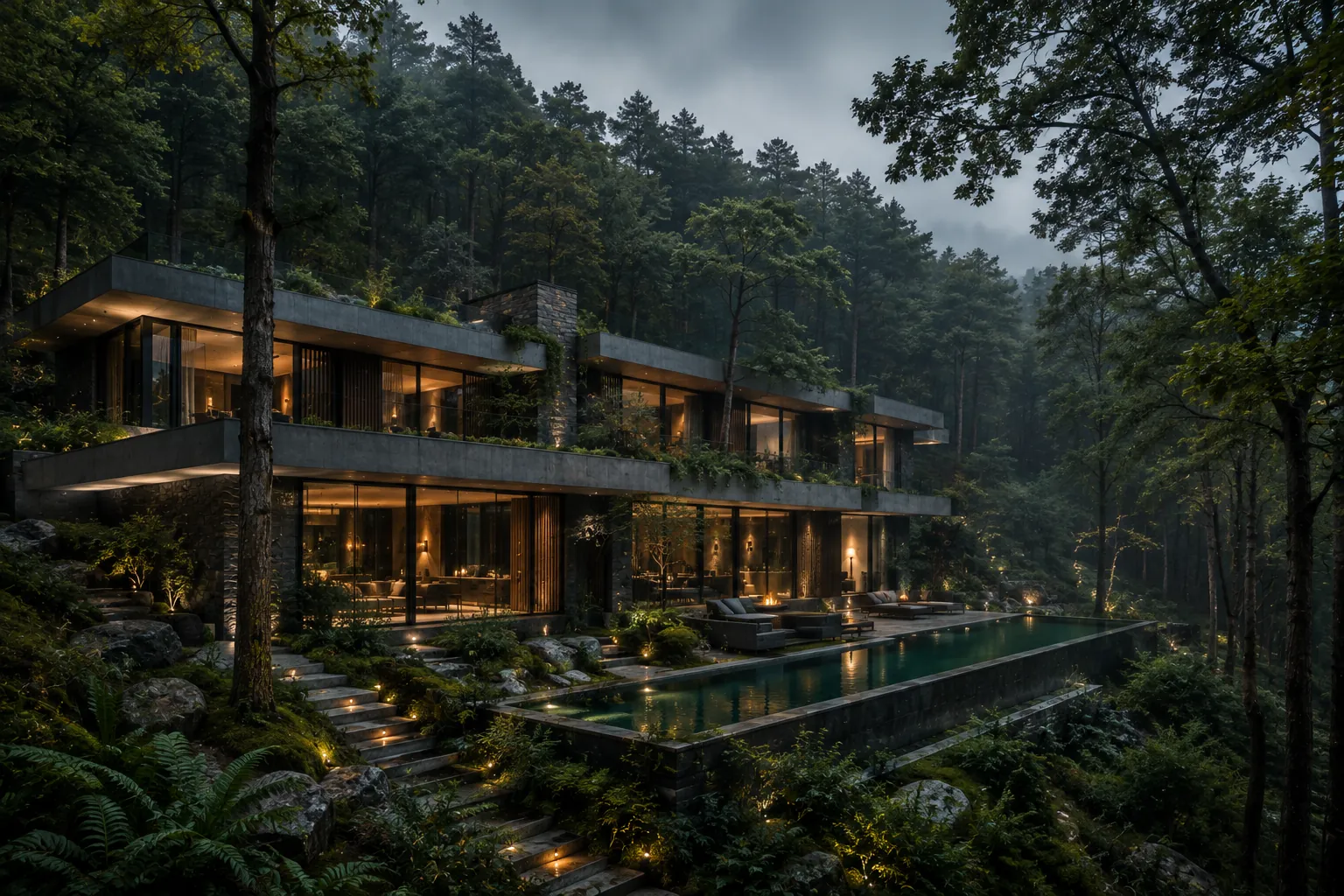 Casa Verde in misty forest, a stepped concrete villa with warm interior light beside a long dark infinity pool.