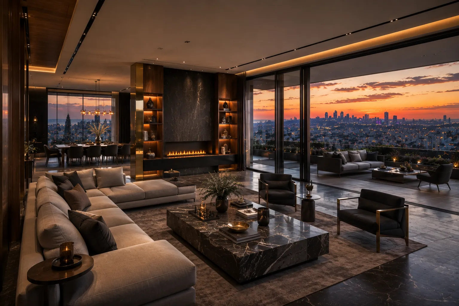 Open-plan living room with charcoal stone, walnut joinery, brushed brass and a linear fireplace beneath panoramic glazing.