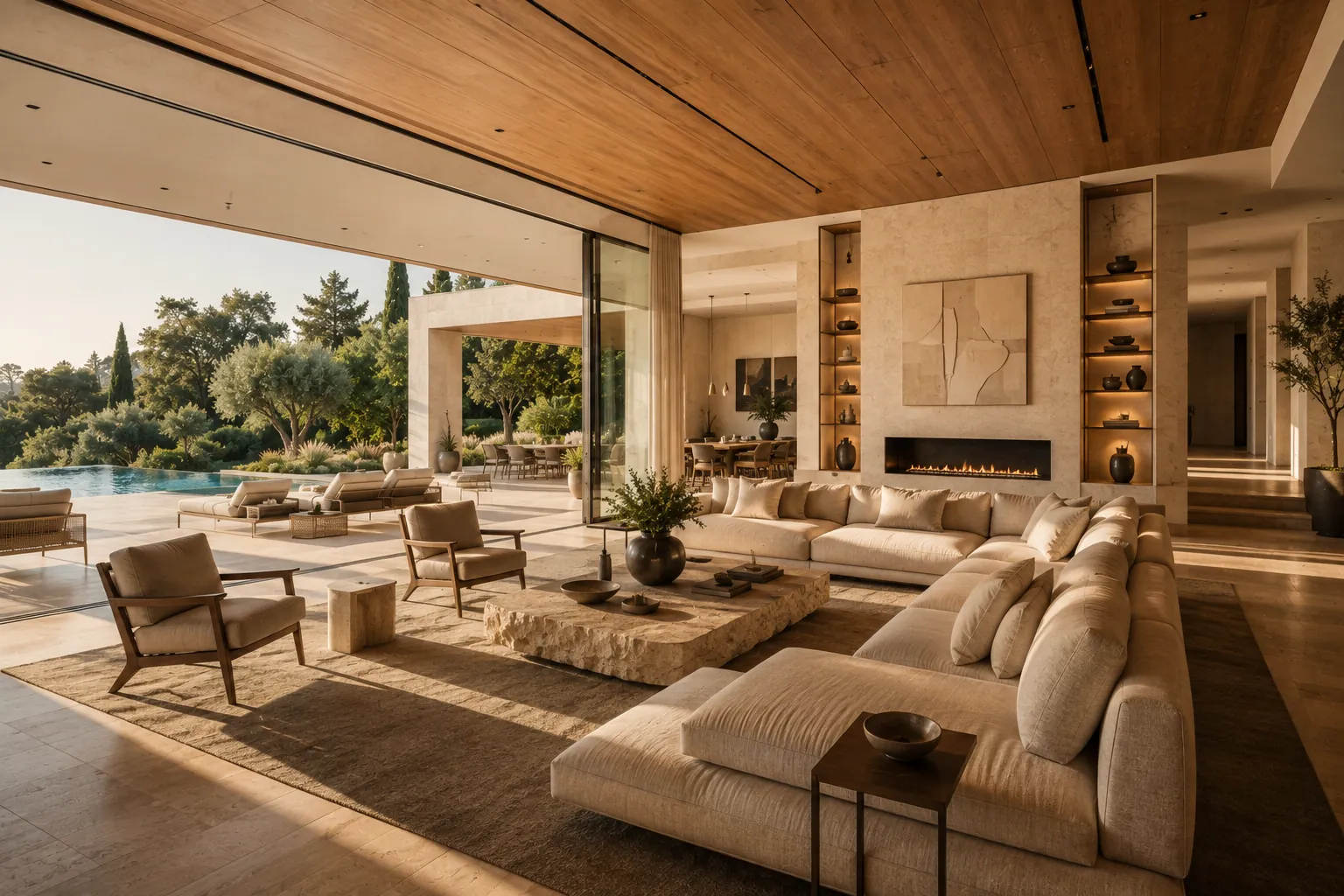 Open-plan living room in travertine and oak with cream furnishings, a linear fireplace and direct pool connection.