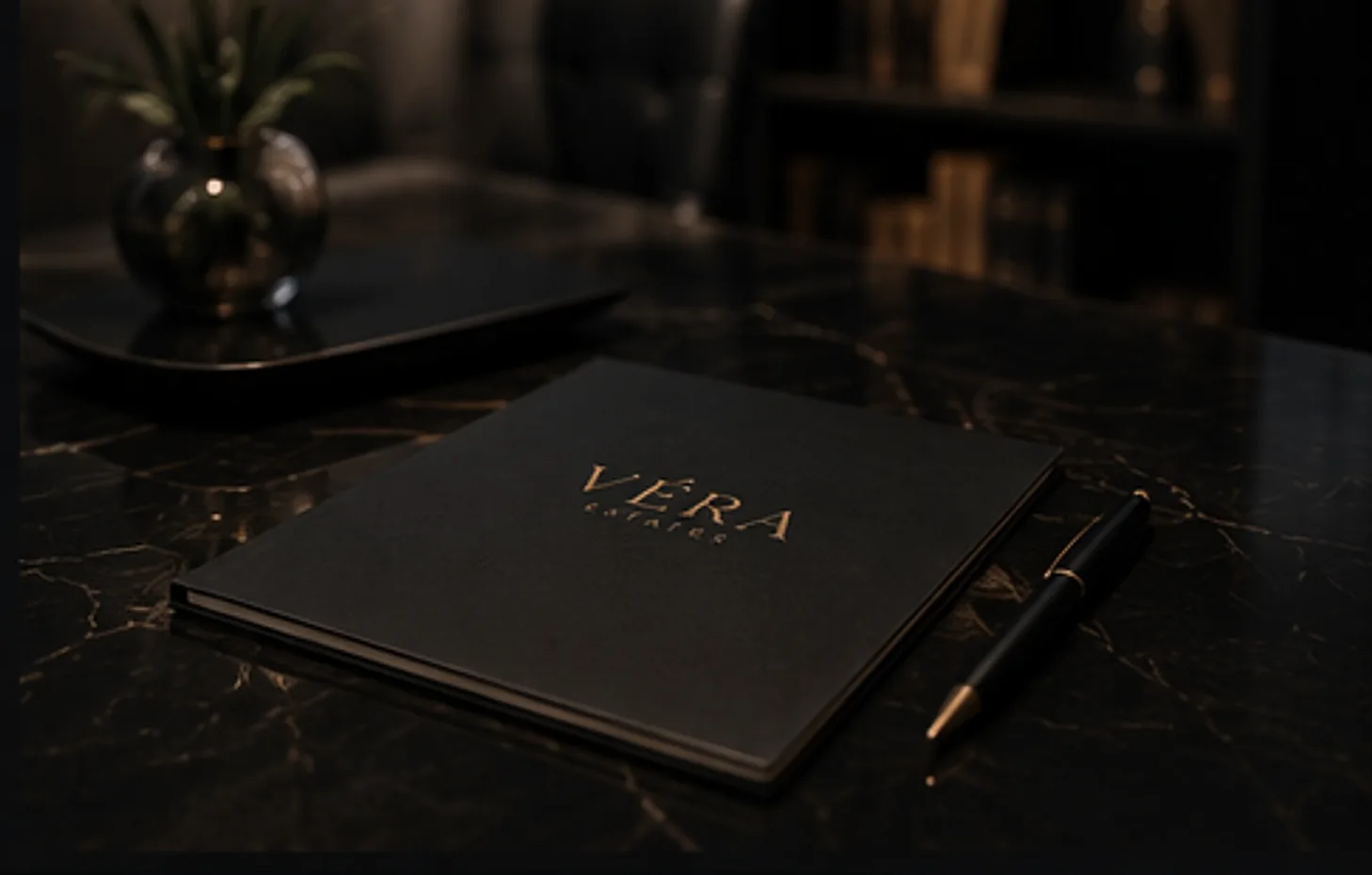 A VÉRA Estates leather folio and pen resting on a dark marble table.